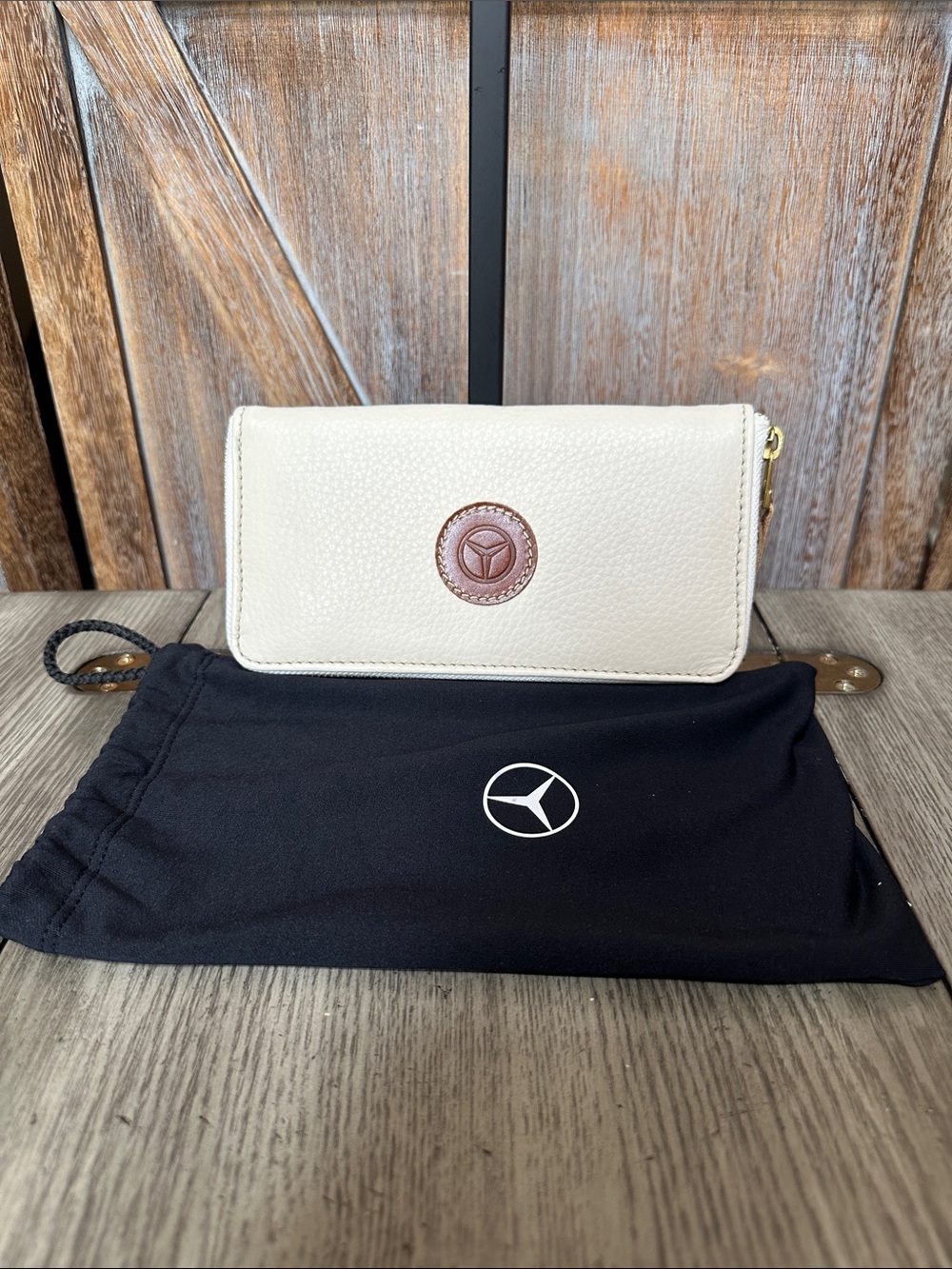 Mercedes Benz Cream Pebbled Leather Zippered Wallet Clutch